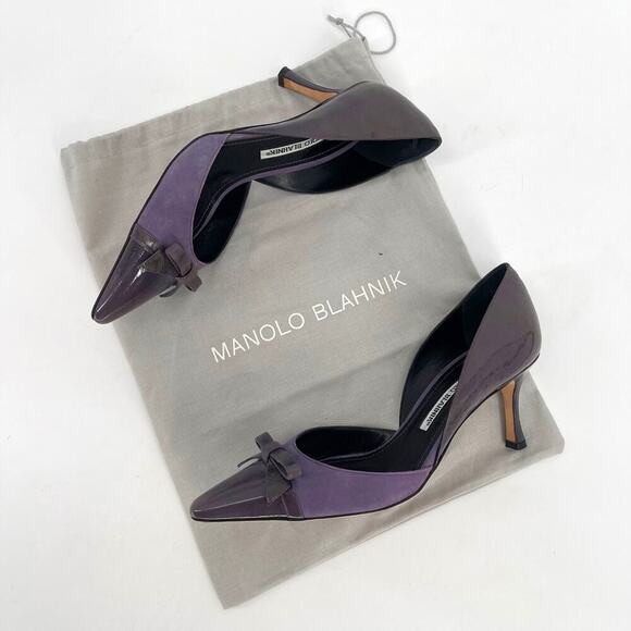 Retro Manolo Blahnik Purple Cap Toe Bow Detail Pointed Toe D'Orsay Heel IT 37.5 - Picture 1 of 12